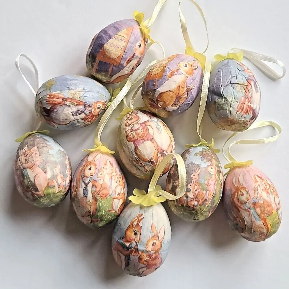 Lot of 10 Vintage Paper Mache Decoupage Easter Egg Tree Ornaments Bunny Bunnies